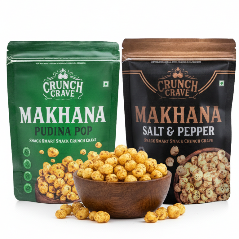 Pudina & Salt & Pepper (Pack of 2) by CrunchCrave – Roasted & Flavoured Makhana (45g each) Pudina & Salt & Pepper (Pack of 2) by CrunchCrave – Roasted & Flavoured Makhana (45g each)