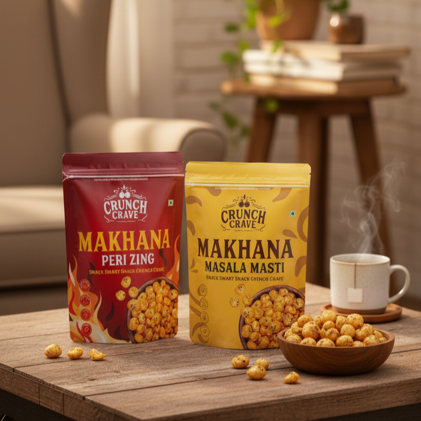 Masala Masti & Peri Zing(Pack of 2) by CrunchCrave – Roasted & Flavoured Makhana (45g each) Masala Masti & Peri Zing(Pack of 2) by CrunchCrave – Roasted & Flavoured Makhana (45g each)