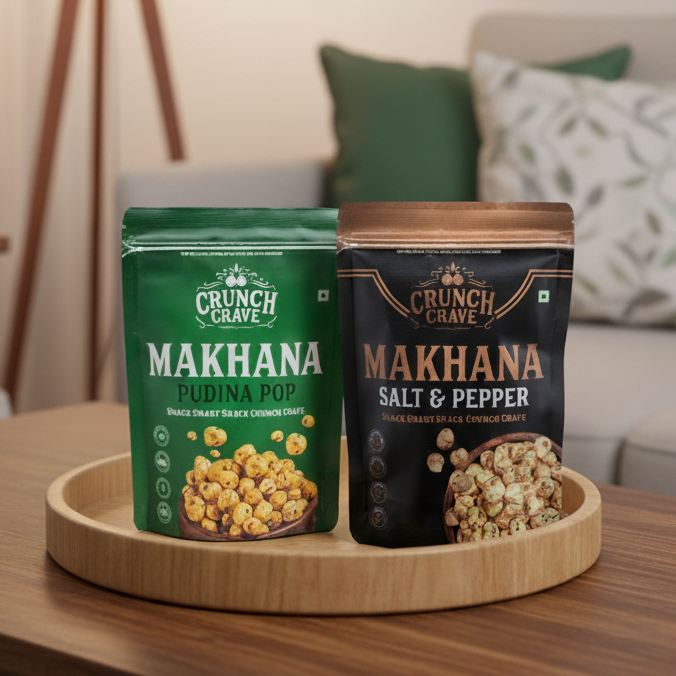 Pudina & Salt & Pepper (Pack of 2) by CrunchCrave – Roasted & Flavoured Makhana (45g each) Pudina & Salt & Pepper (Pack of 2) by CrunchCrave – Roasted & Flavoured Makhana (45g each)